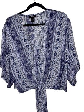 JustFab Navy Paisley Tie-Front Blouse